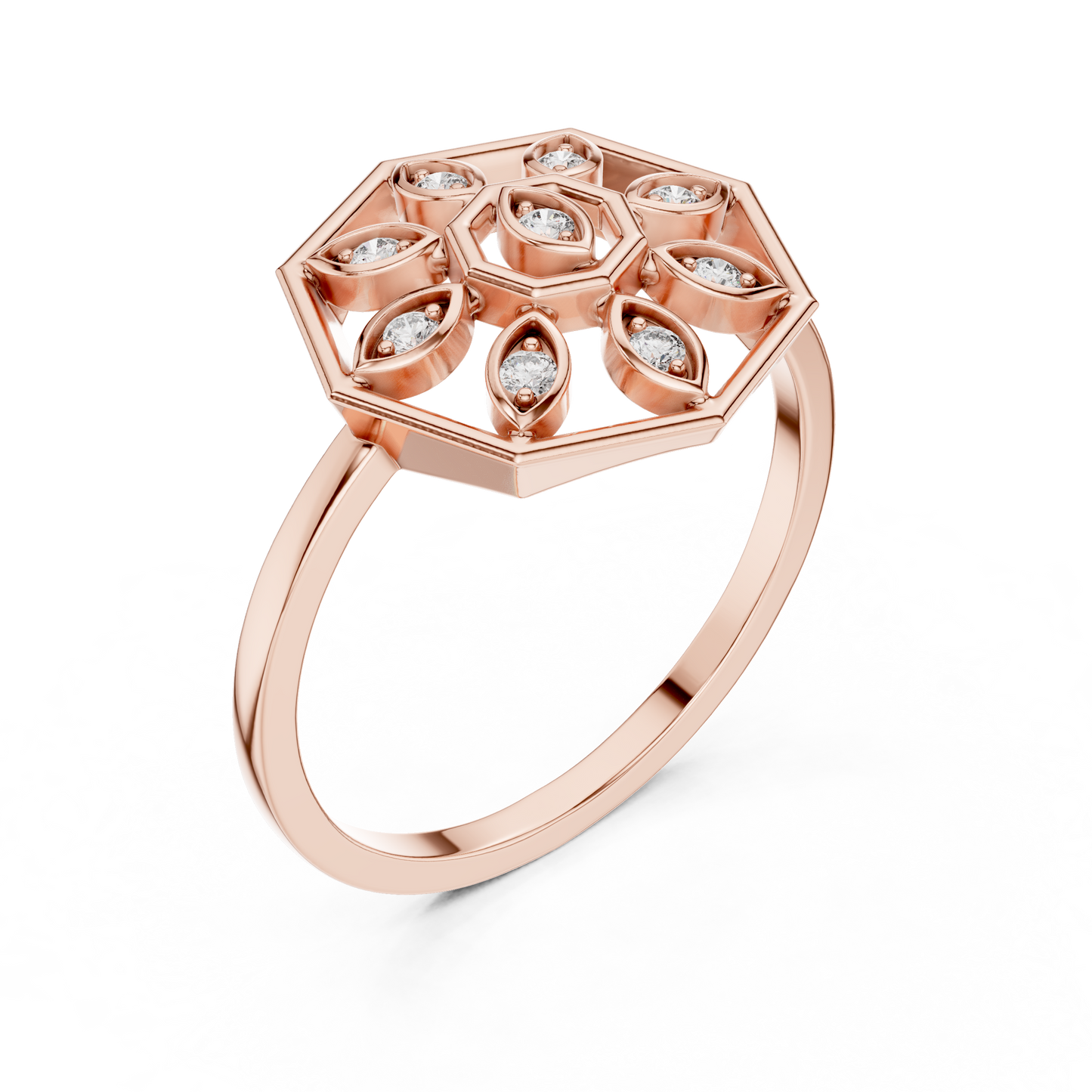 Round Lab Grown Diamond Hexagon Flower Ring