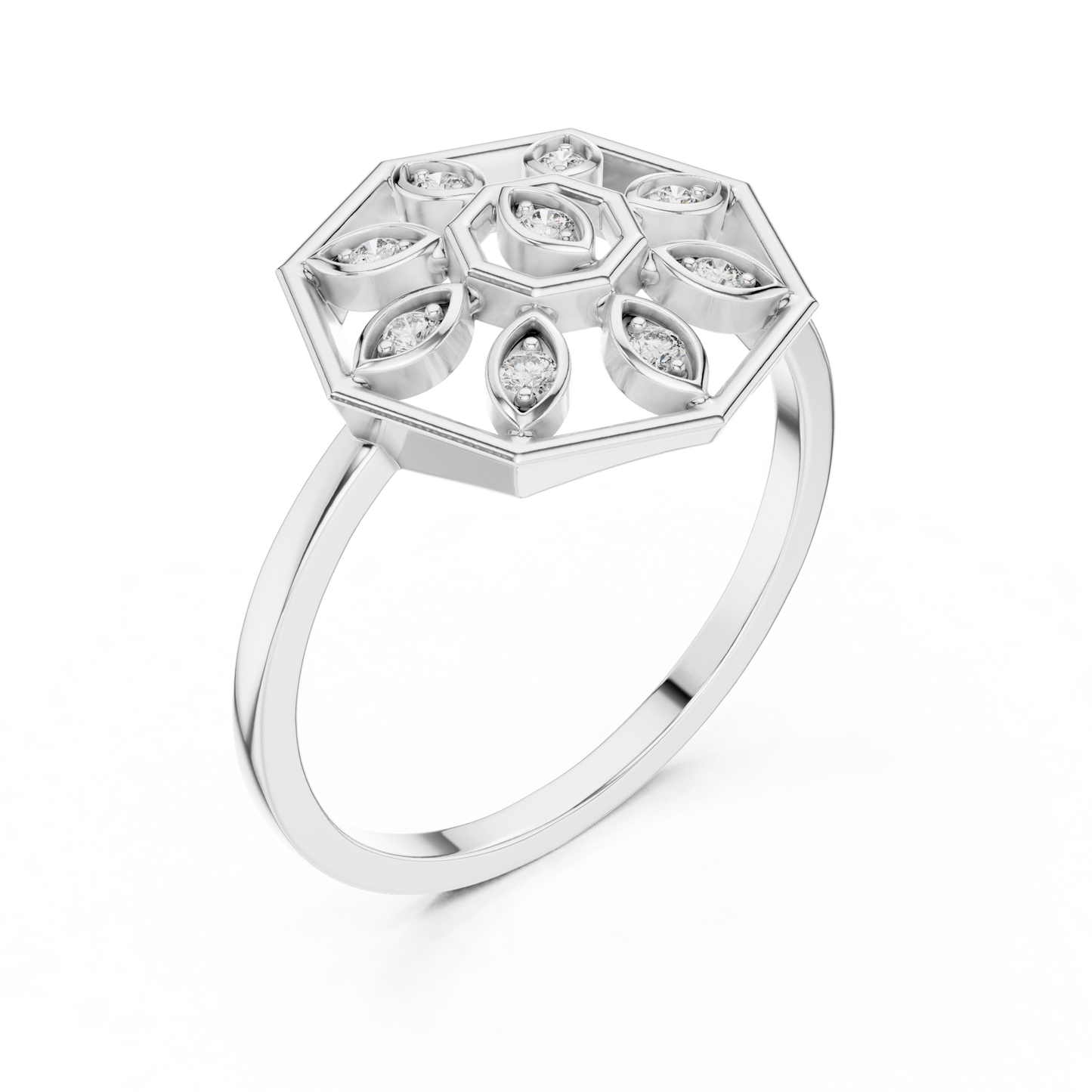 Round Lab Grown Diamond Hexagon Flower Ring
