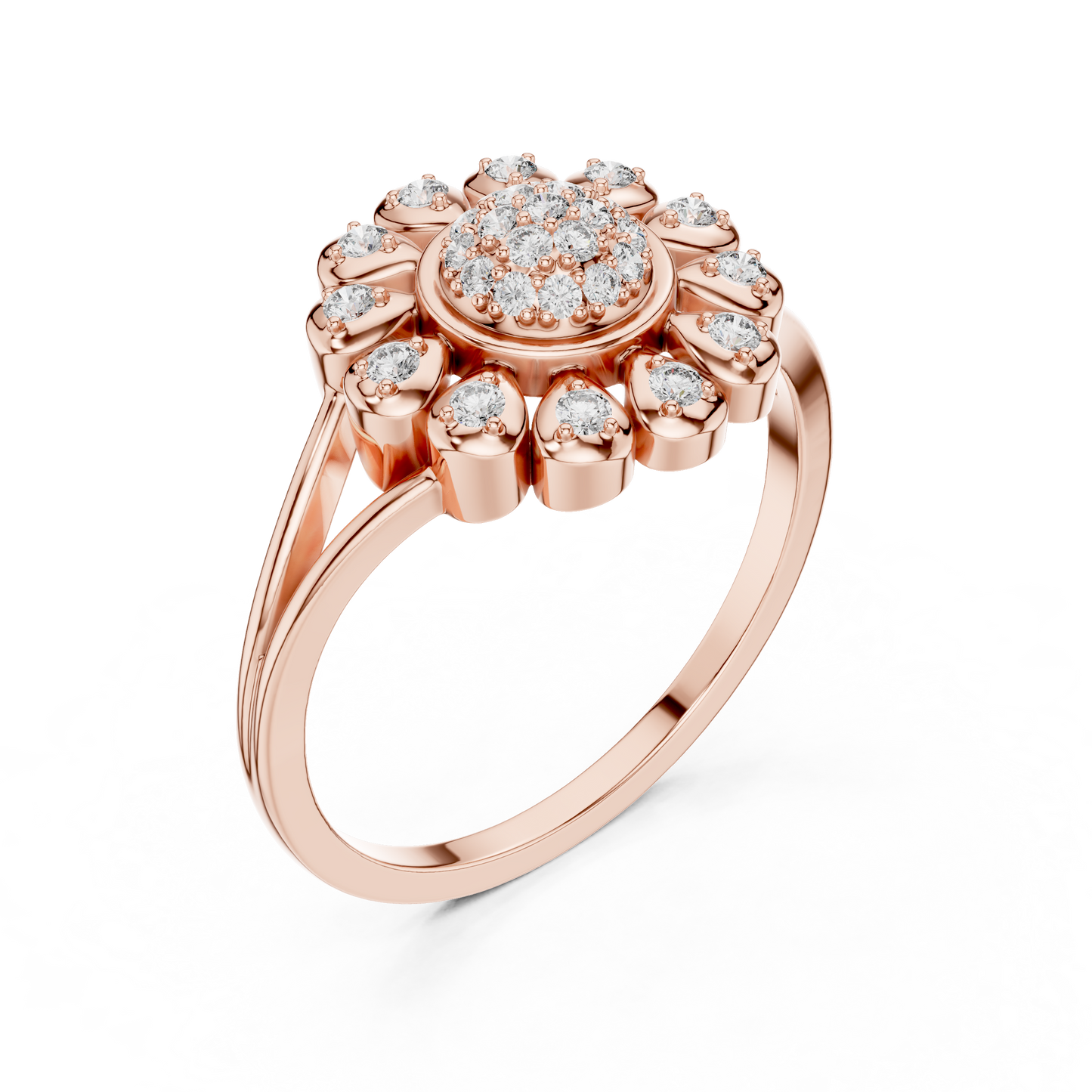 Floral Lab Grown Diamond Split Shank Ring in Rose Gold