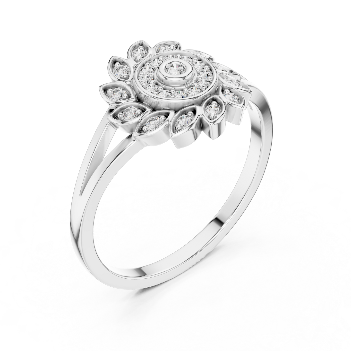 Gold Split Shank Flower Lab Grown Diamond Ring