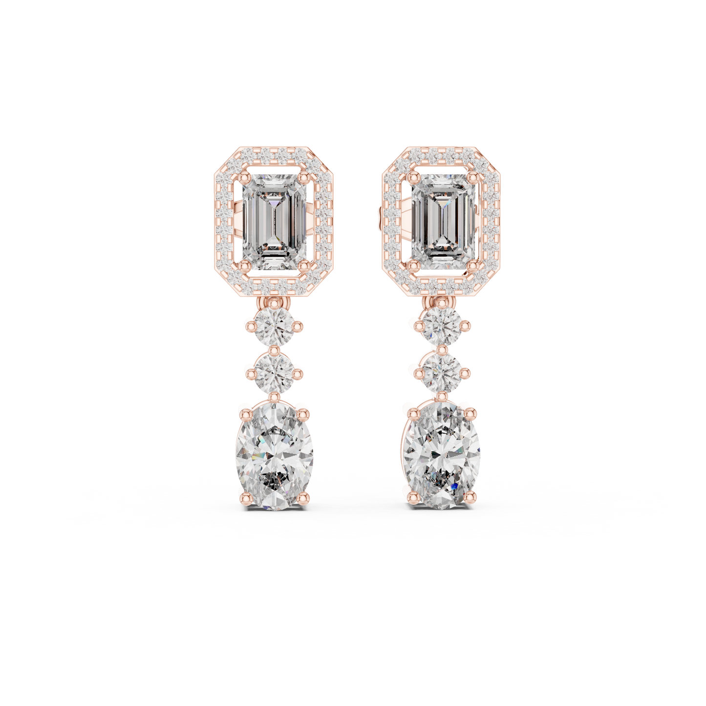 Emerald and Oval Lab Grown Diamond Halo Drop Earrings