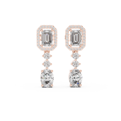 Emerald and Oval Lab Grown Diamond Halo Drop Earrings