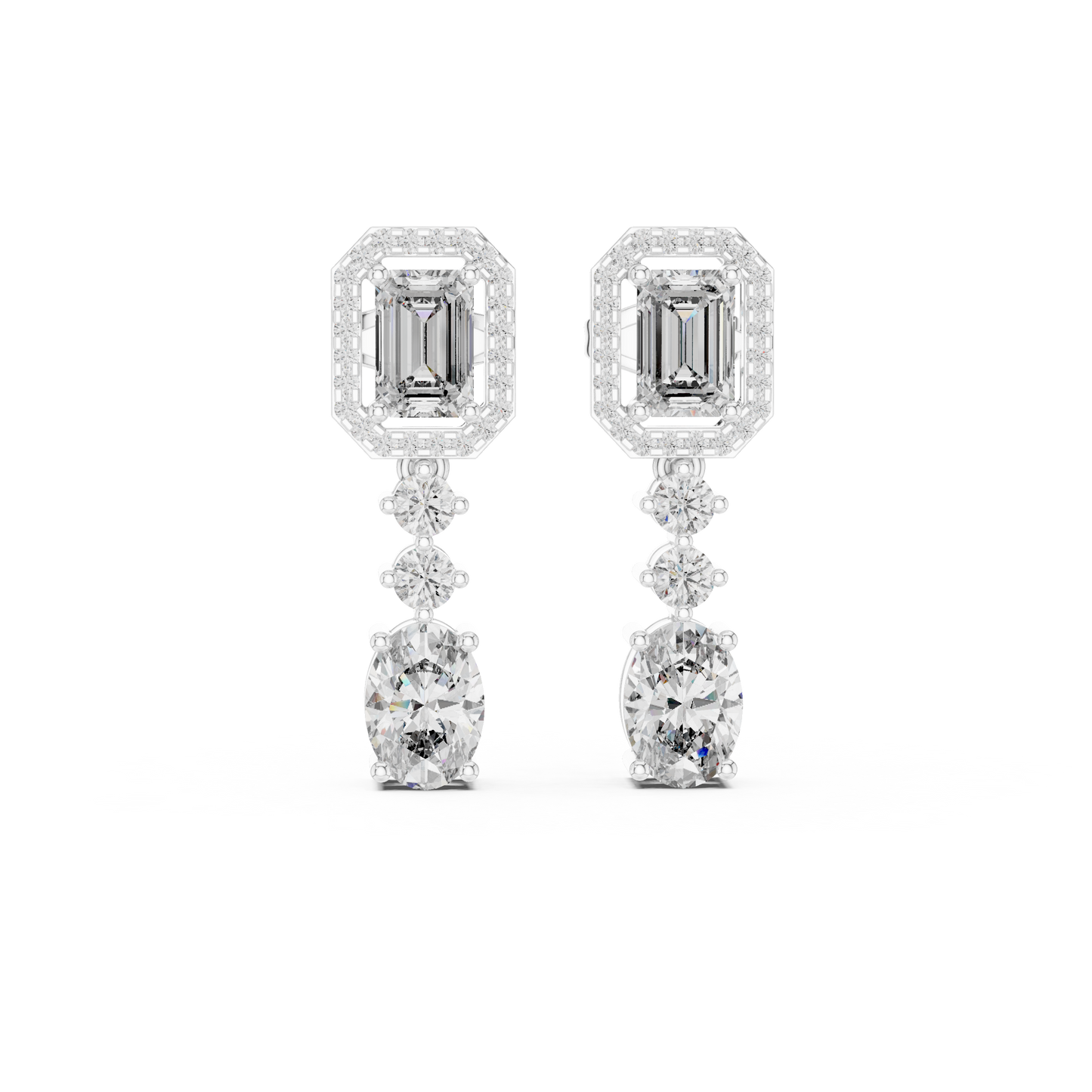 Emerald and Oval Lab Grown Diamond Halo Drop Earrings