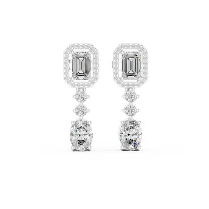 Emerald and Oval Lab Grown Diamond Halo Drop Earrings