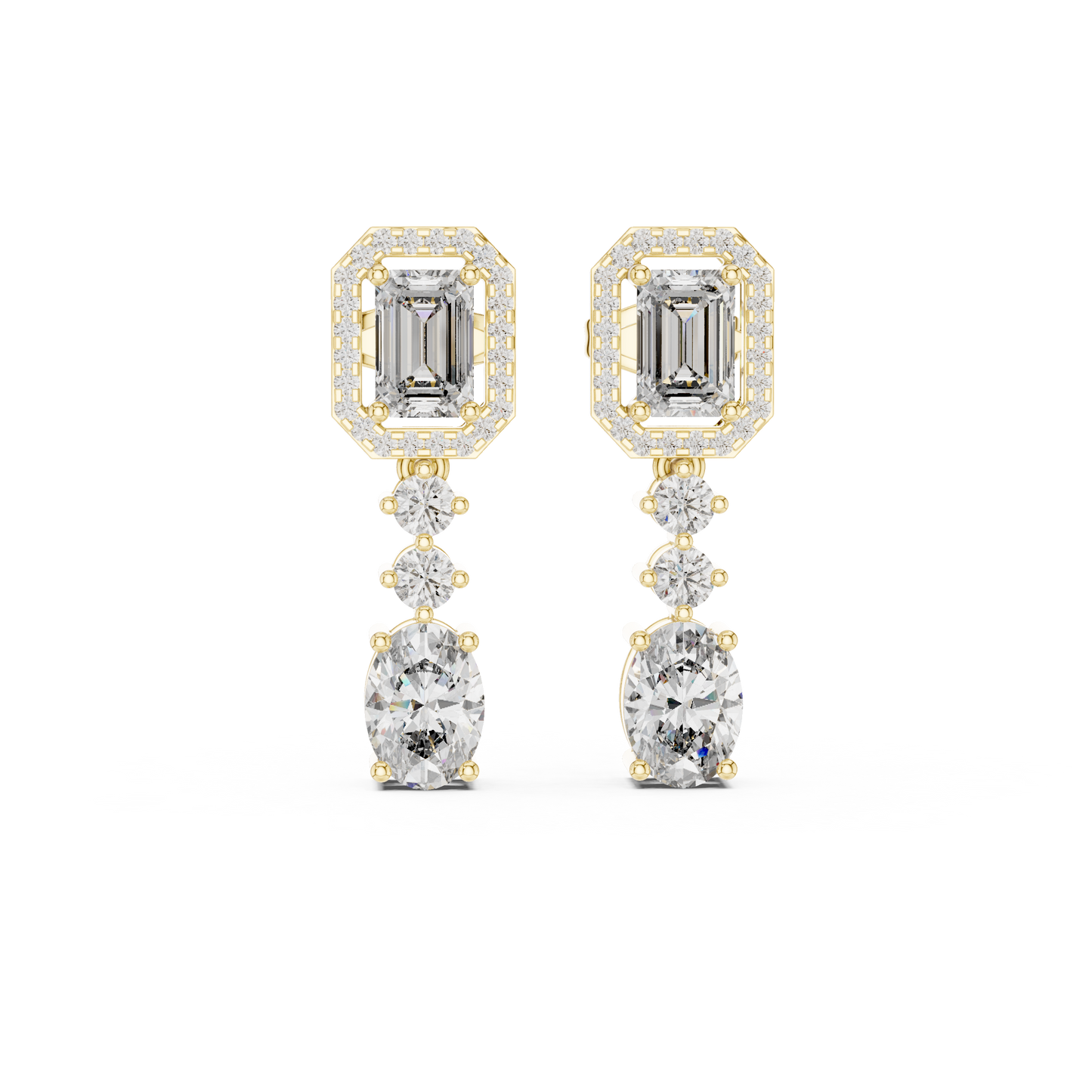 Emerald and Oval Lab Grown Diamond Halo Drop Earrings