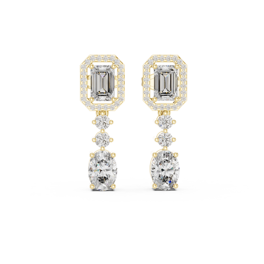 Emerald and Oval Lab Grown Diamond Halo Drop Earrings