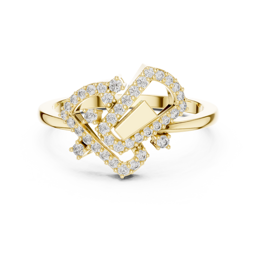 Round Lab Grown Diamond Geometric Link Ring 14K Yellow Gold