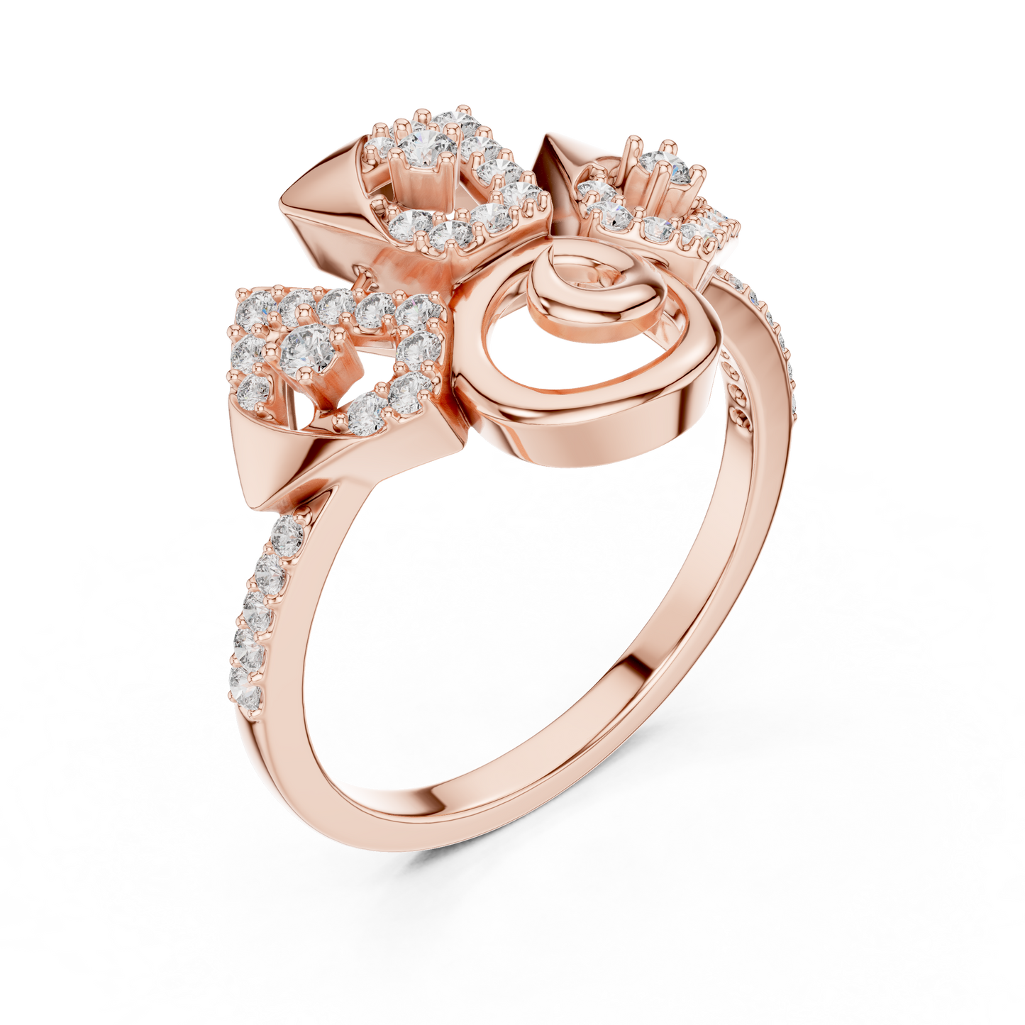 14K Yellow Gold Geometric Spiral Sunburst Diamond Ring