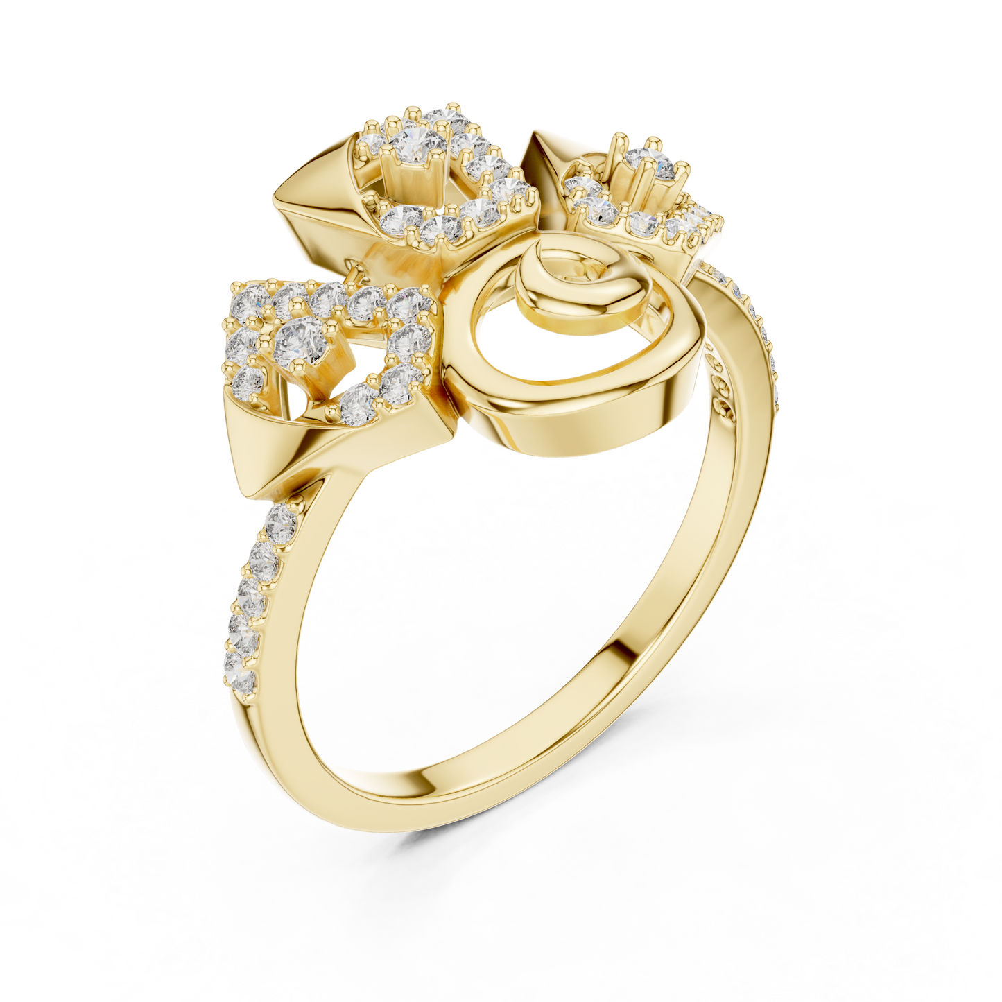 14K Yellow Gold Geometric Spiral Sunburst Diamond Ring