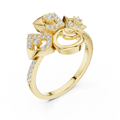14K Yellow Gold Geometric Spiral Sunburst Diamond Ring