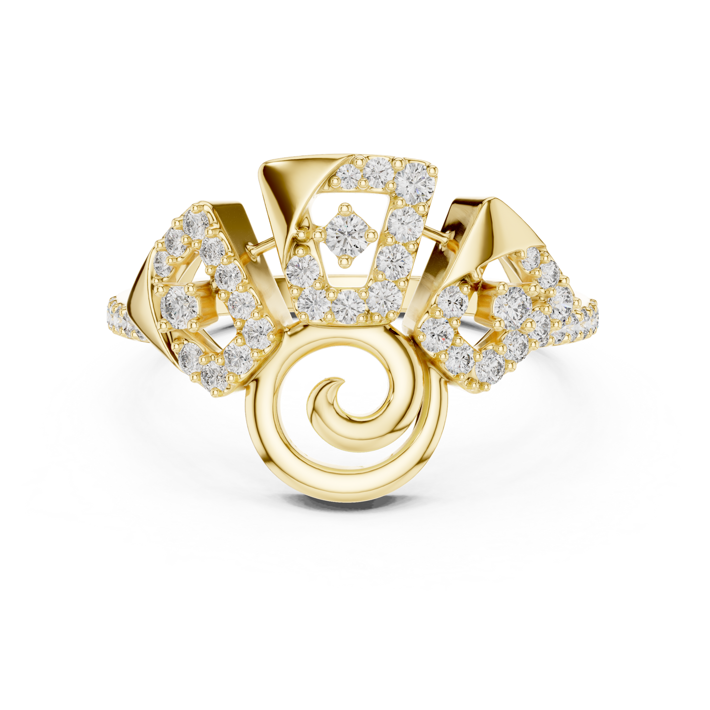 14K Yellow Gold Geometric Spiral Sunburst Diamond Ring