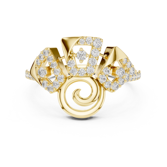 14K Yellow Gold Geometric Spiral Sunburst Diamond Ring