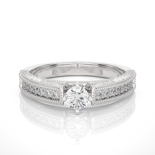 0.6 CT Round Cut Lab Grown Diamond Engagement Ring With Chanel Setting in mil-Grain Shank