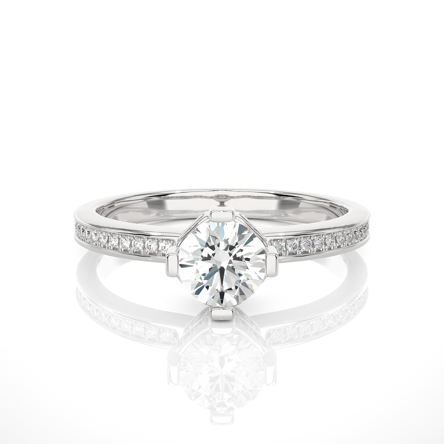 1.01 CT Round Cut Lab Diamond Engagement Ring in Hidden Halo Setting With Pave Shank