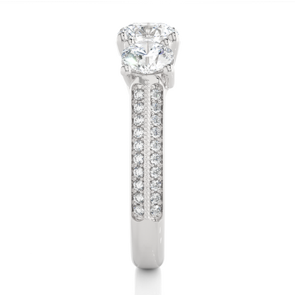 1.4 Ct Round Cut Lab Grown Diamond Three Stone Engagement Ring in Micro Pave Setting