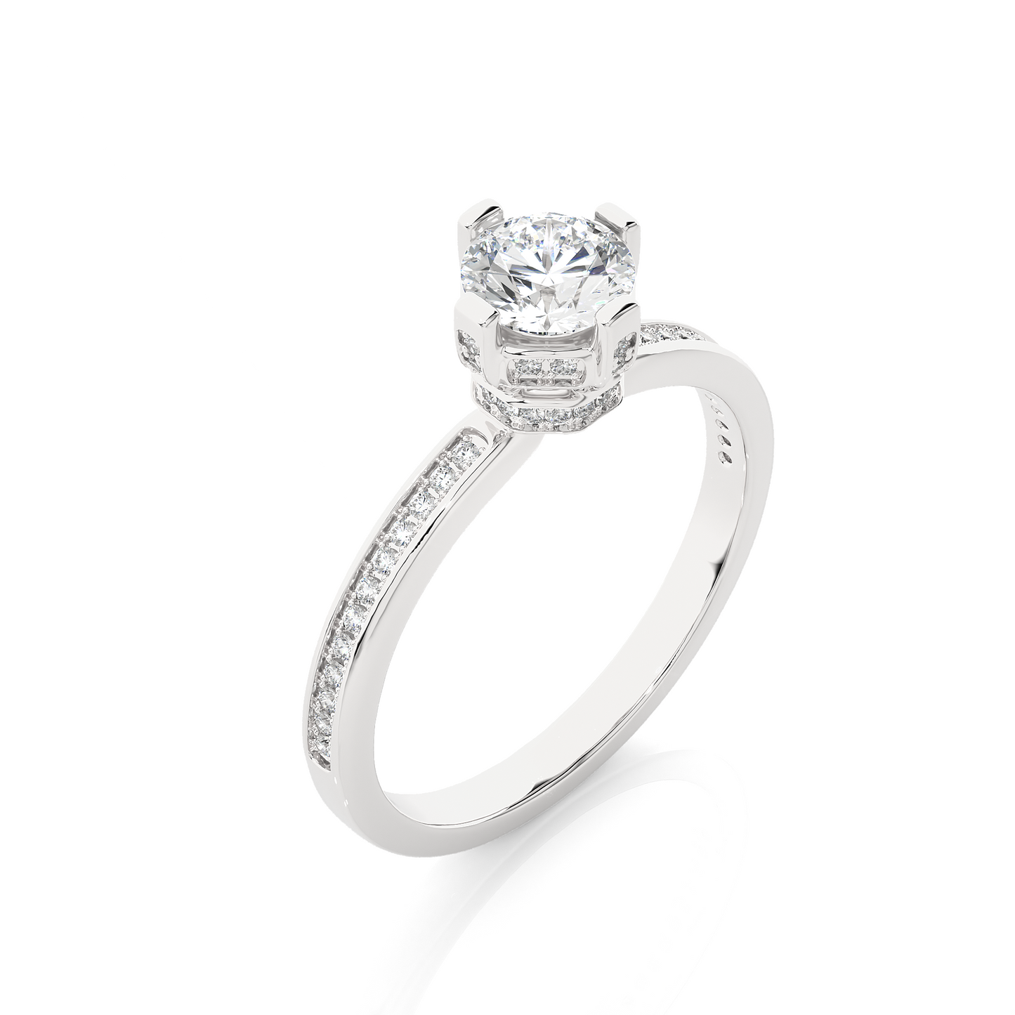 1.01 CT Round Cut Lab Diamond Engagement Ring in Hidden Halo Setting With Pave Shank