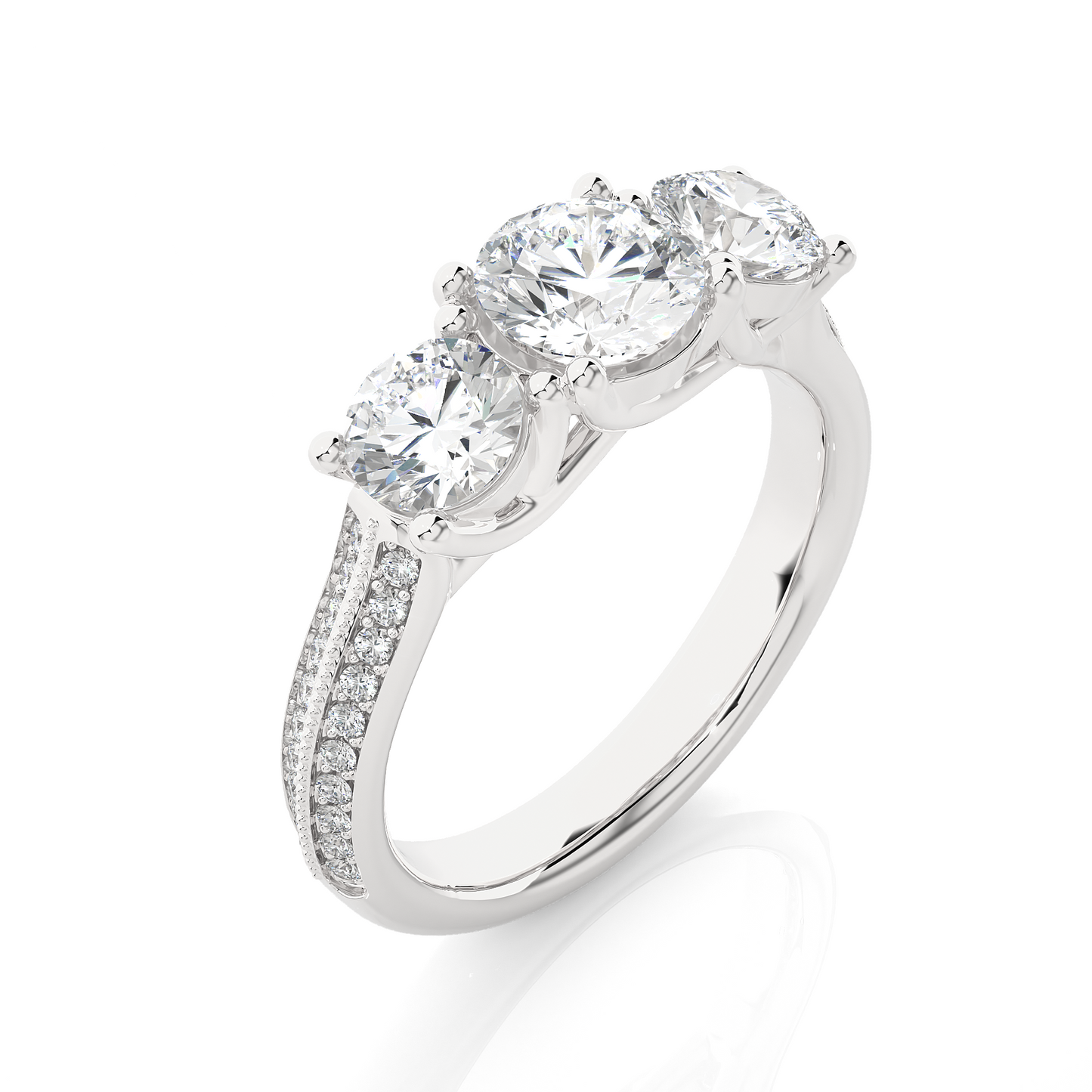 1.4 Ct Round Cut Lab Grown Diamond Three Stone Engagement Ring in Micro Pave Setting