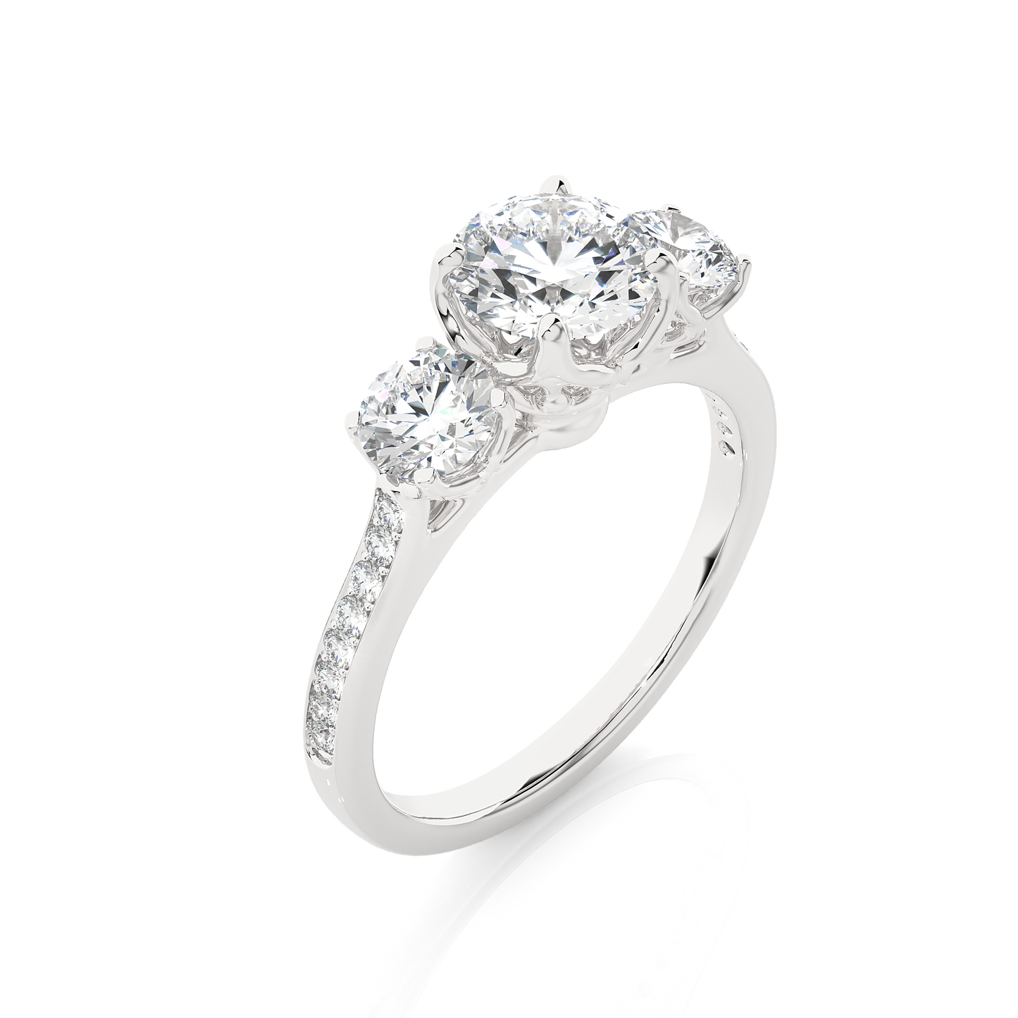 1.55 Ct Round Cut E/VS1 Lab Grown Diamond Three Stone Engagement Ring With Pave